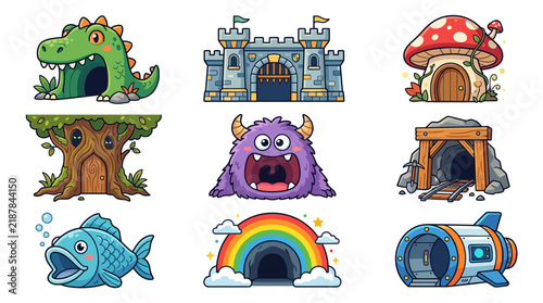 Cartoon fantasy entrances featuring monsters, castles, and caves.