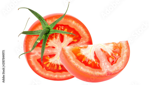 Fresh Tomato Slices with Green Stem Isolated on White Background