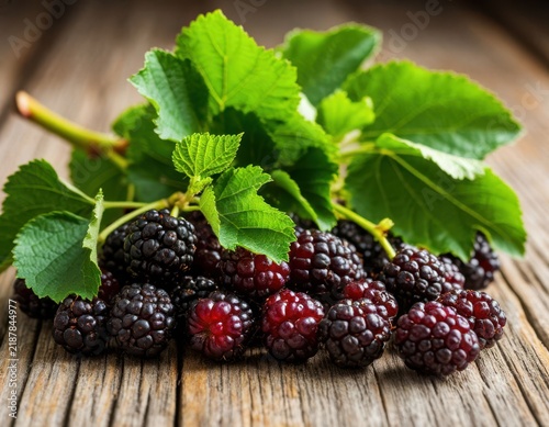 Fresh blackberries with green leaves arranged on a rustic wooden surface, showcasing the vibrant colors and textures of the fruit and foliage