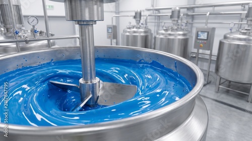 Industrial mixing tank vessel, with bright blue liquid compound inside, swirling with rotating blade agitator, in modern chemical factory plant, industrial manufacturing photography