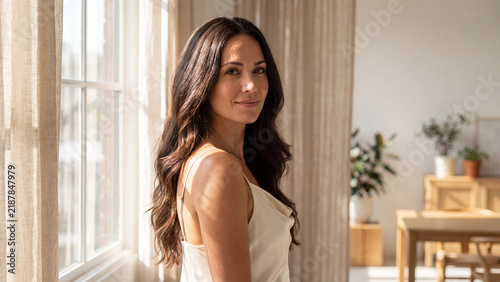 Brunette woman with long wavy hair looks towards the camera while standing inside a sunlit room with large windows.