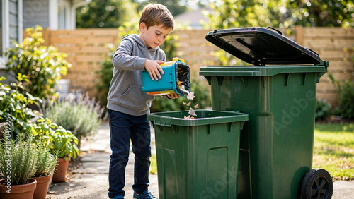A young boy responsibly sorts and throws away organic food waste into a green compost bin in the backyard garden for sustainable environmental protection.