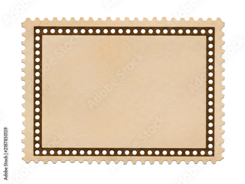 Vintage blank postage stamp with a brown border on textured paper isolated on transparent background