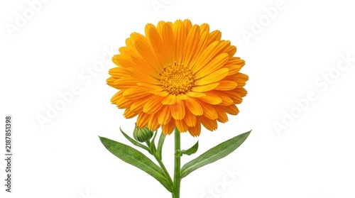 Bright orange marigold flower blossom with stem and leaves calendula blossom flower bloom plant stem green leaves petal texture floral macro garden flower botanical detail marigold calendula