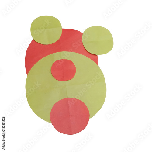 Abstract paper cutout resembling a stylized bear face using red and yellow circles on a white background, for children isolated on a transparent background