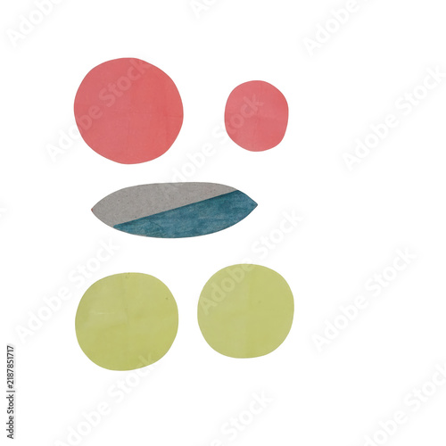 Assorted circular and oval paper cutouts in red, yellow, and blue with hand drawn textures on a white background, for craft projects isolated on a transparent background