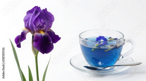 Purple iris flower next to a transparent glass cup of blue butterfly pea flower tea on a white background with butterfly beverage infusion relaxing refreshment background isolated transparent