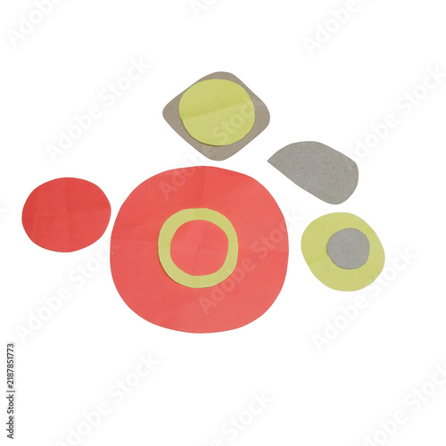 Assorted circular and rounded paper cutouts in red yellow and grey colors arranged on a white background, for educational craft activities isolated on a transparent background