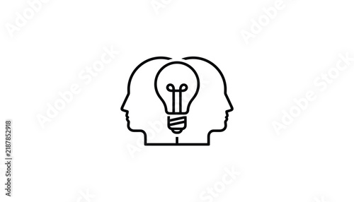 Two human profile silhouettes with a bright light bulb between them, symbolizing brainstorming, shared ideas, and teamwork.