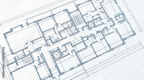 Blue print floor plan showing a complex technical architectural drawing.