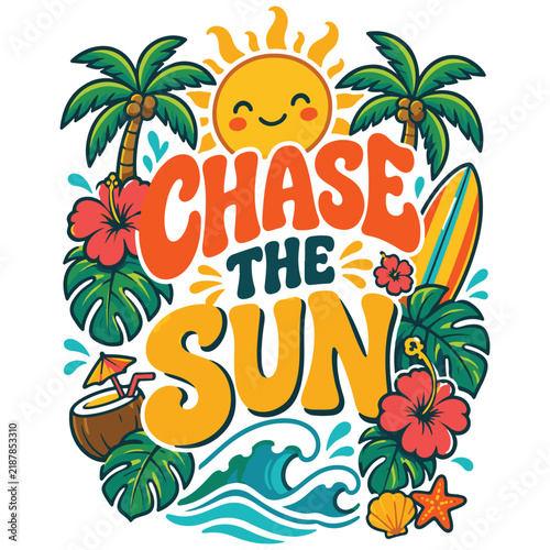 Cute Tropical Chase the Sun Summer Illustration with Smiling Sun, Palm Trees and Surfboard