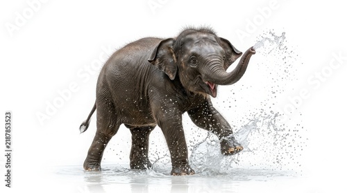 Playful baby elephant splashing water and playing in the shallow mud with water splash elephant wildlife behavior isolated background wilderness environment conservation creature vertebrate