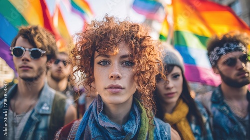 close up Group of young activist for lgbt rights with rainbow flag, lesbian, rainbow, freedom, diversity, bisexual, gay, celebration, community