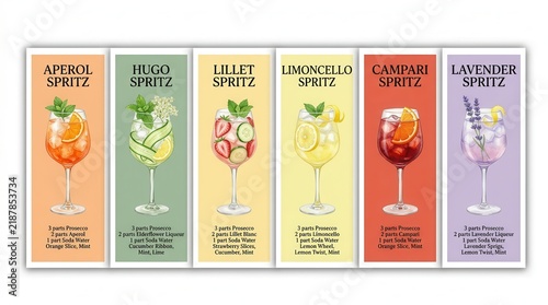 Watercolor spritz cocktail poster set including Limoncello, Lillet, and Lavender drink recipes.