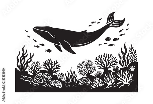 Minimalist underwater ocean wildlife silhouette. Vector illustration of a silhouette of a fish.