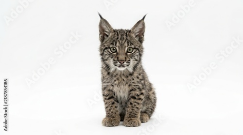 Cute eurasian lynx kitten sitting upright against a white background with cute animal baby lynx wildcat cub wildlife illustration small cat adorable mammal young animal forest baby bobcat baby
