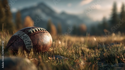 Leather American football resting on grassy field with mountains in background