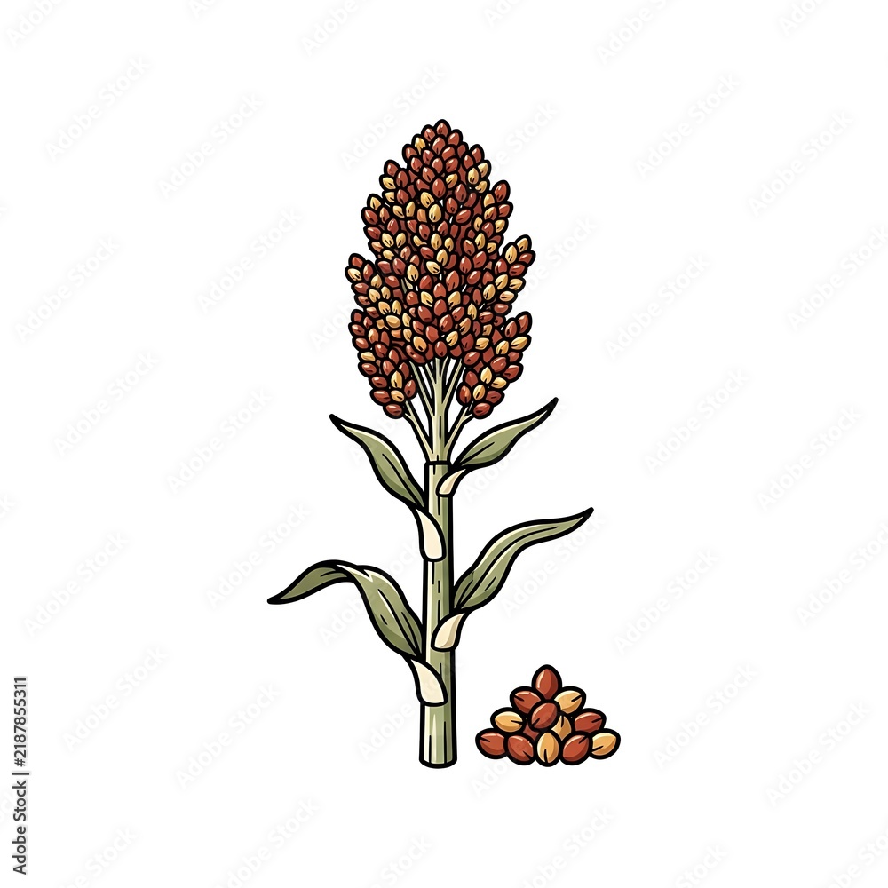 Obraz premium Hand drawn illustration of a sorghum stalk with a pile of grain seeds