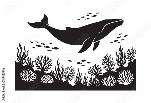 Minimalist underwater ocean wildlife silhouette. Vector illustration of a silhouette of a fish.