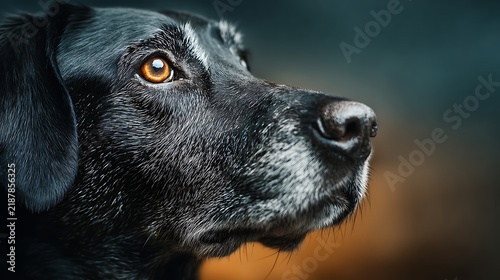 Close up profile of a black Labrador dog with amber eyes and graying muzzle. outdoors