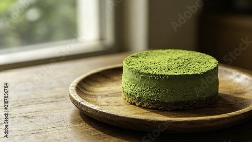 Japanese matcha cake with powdered green tea on rustic wood 