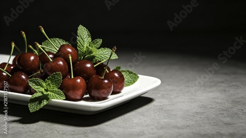 cherry cluster with green mint sprigs on white ceramic platt
