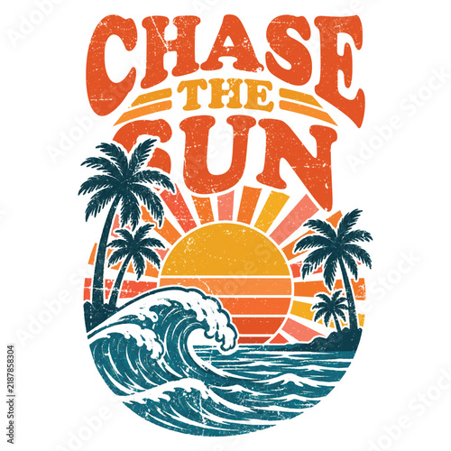Chase the Sun Retro Summer Surf Design with Sunset, Palm Trees and Ocean Waves