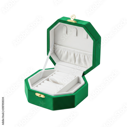 Open empty green velvet jewelry box for rings and necklaces isolated on transparent background