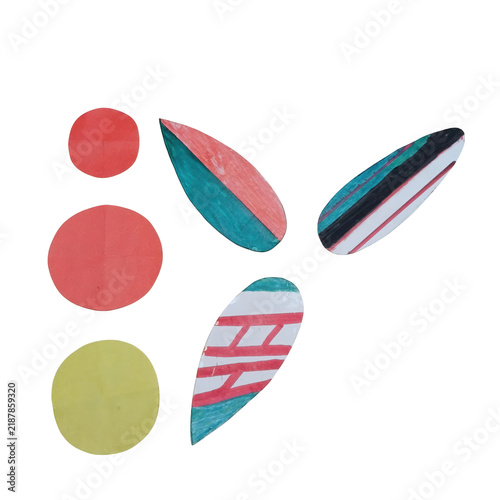 Assorted hand-cut paper shapes including three colorful circles and three leaf-like forms with striped and geometric patterns isolated on a transparent background