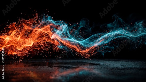 Vibrant wave of orange fire and cyan smoke colliding dynamically creating glowing sparks luminous particle streams and energetic fluid motion across the textured horizontal surface