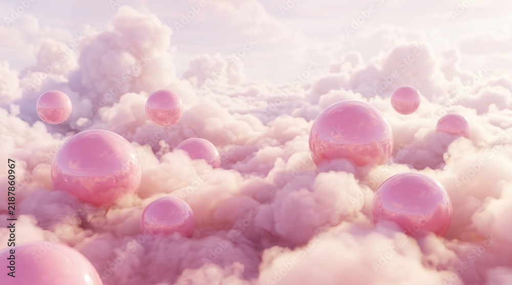 Obraz premium Dreamy magenta 3D clouds and shiny spheres creating a fantastic sky and floor scene.