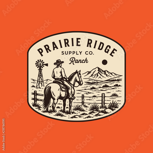 Vintage Western Ranch Logo Design with Cowboy Riding Horse and Mountain Landscape