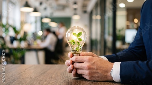 Businessman holding lightbulb with growing plant inside, symbolizing green innovation and sustainable business ideas in modern office environment for eco growth.