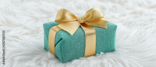 Beautifully wrapped gift box with gold ribbon on soft white fur background for celebrations and special occasions