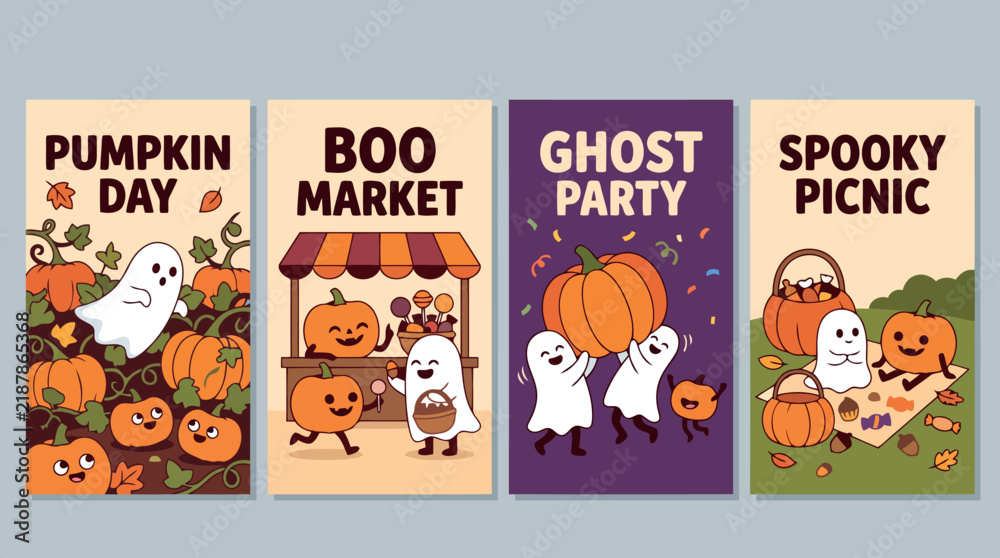 Fototapeta premium Set of four cute Halloween ghost and pumpkin posters with festive autumn holiday themes and cartoon characters
