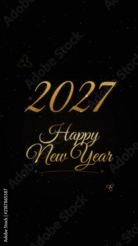 Gold 2027 Happy New Year text with drifting butterflies on black background