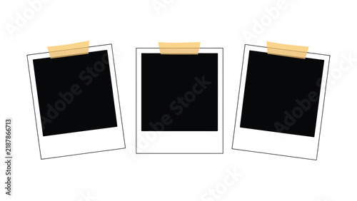 Set of three blank photo frames with Polaroidstyle borders attached with beige tape on a white background for customizable display