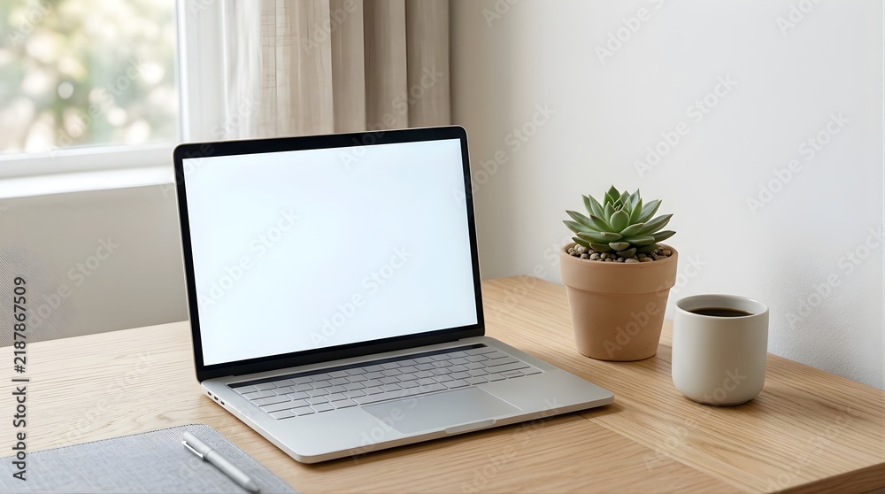 Fototapeta premium Mockup of an open laptop with blank screen on a wooden desk with plant