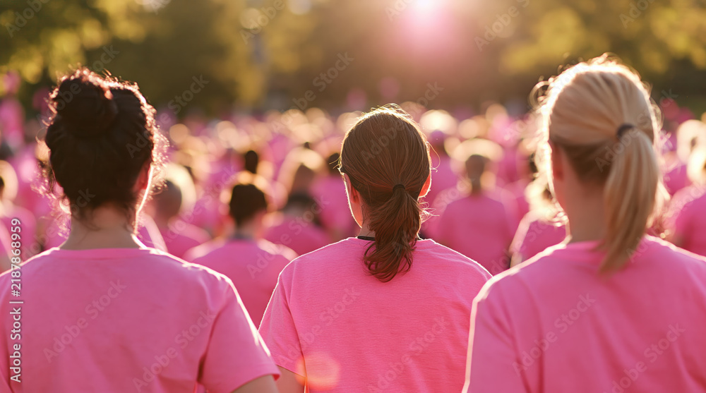 Obraz premium Women and people in a crowd wearing pink shirts for a breast cancer awareness charity walk fundraiser health event