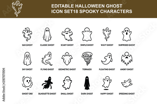 Editable Halloween Ghost Icon Set, Spooky Doodle Characters