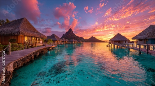 Bora bora tropical paradise at sunset with luxurious overwater bungalows, turquoise lagoon and mount otemanu, exotic island vacation getaway and romantic honeymoon destination in french polynesia