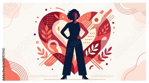 Confident woman silhouette with heart background