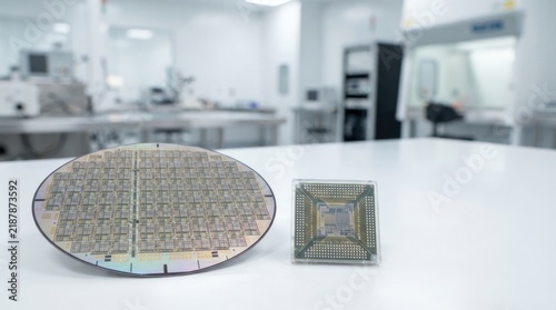 A technician displays a large silicon wafer and a smaller integrated circuit chip on a white table. The wafer is positioned prominently in the foreground, while the chip is placed beside it.