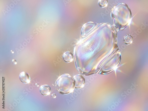 Iridescent Abstract Liquid Blobs and Bubbles Floating on a Colorful Background