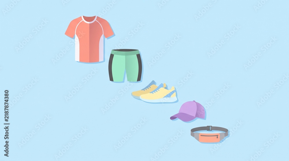 Fototapeta premium Trendy running apparel collection with athletic shirt, shorts, sneakers, cap and waist belt in dynamic flat pastel icons for active lifestyle.
