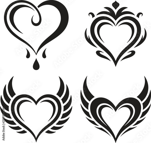 Set of four decorative heart icons with wings and ornaments