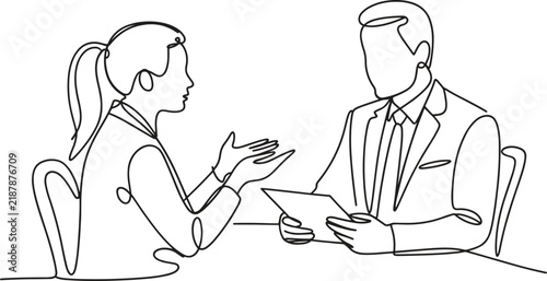 Continuous line drawing of a business meeting between a woman and a man