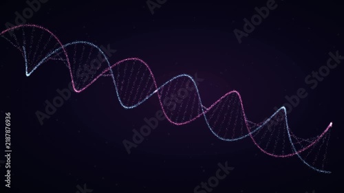 Glowing blue and pink DNA double helix rotates slowly across a dark starry background