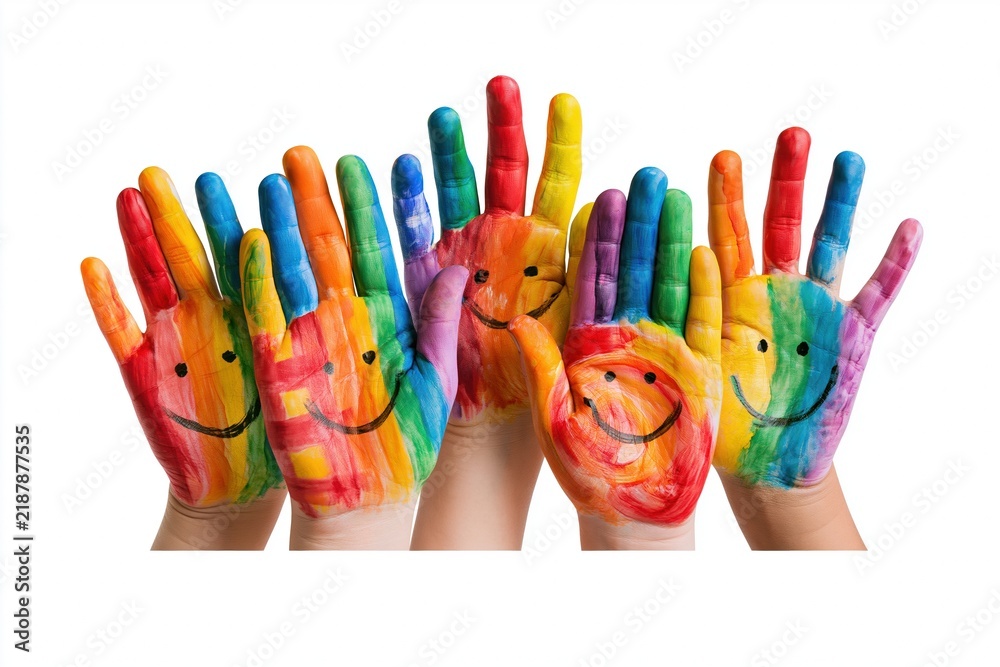 Fototapeta premium Colorful painted hands with smiley faces against white