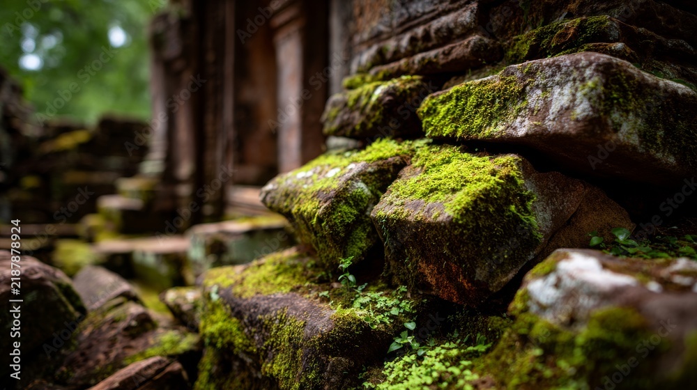 Obraz premium Ancient stone walls inside ta prohm temple with moss covered weathered surfaces and dramatic natural light, historic khmer architecture and cultural heritage in angkor, cambodia